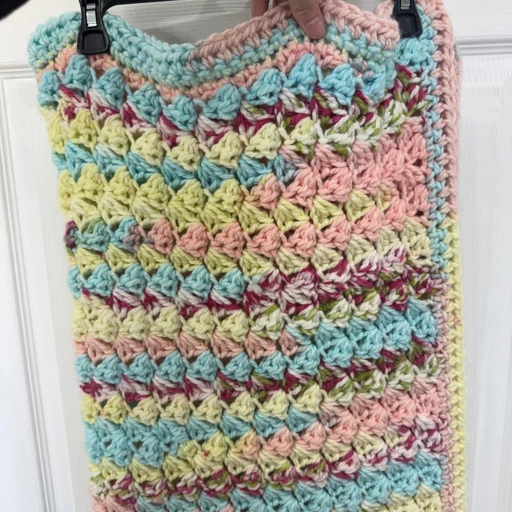 Hand Crochet Square Rainbow Baby‎ Blanket Multicolor Pastel Cottagecore Knit